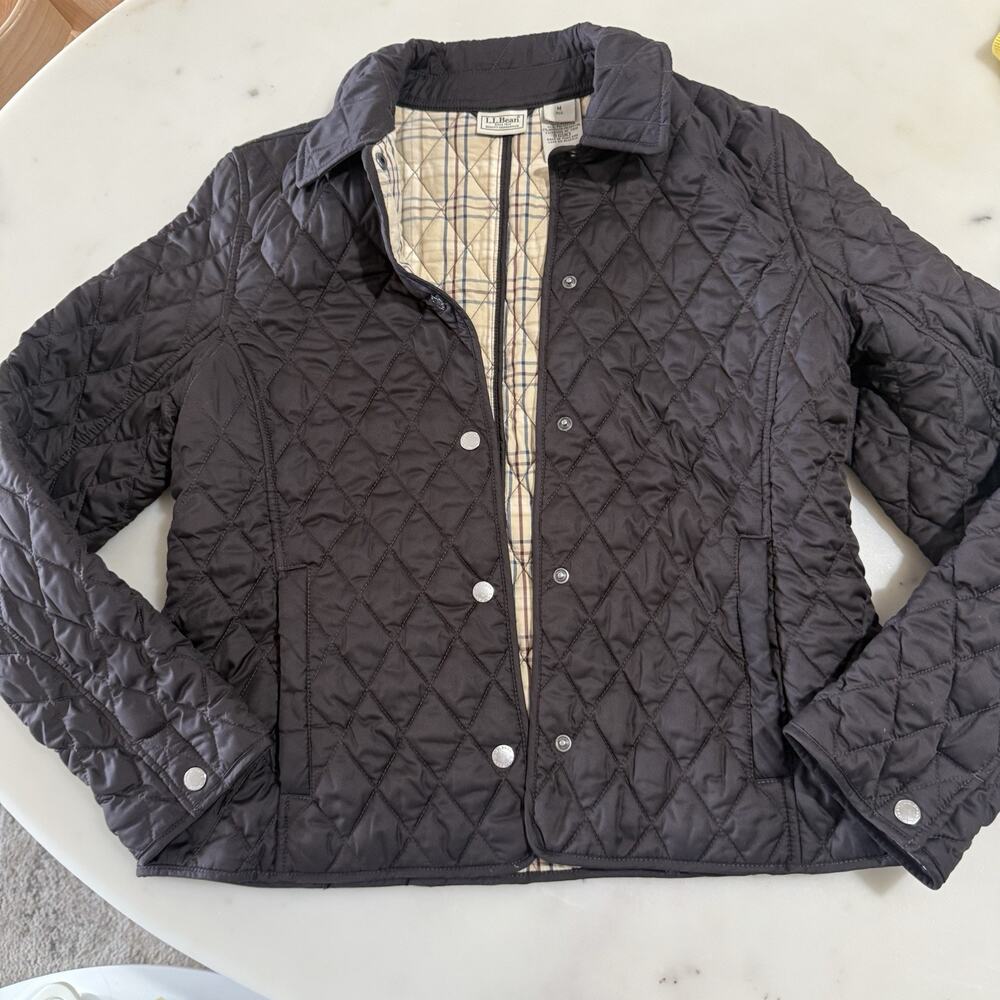 LL Bean Brown Quilted Barn Jacket Diamond Stitch Plaid Lined Women M Cottagecore
